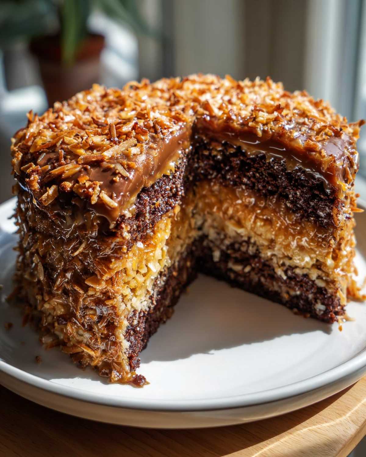 A slice removed from a rich german chocolate poke cake showing layers of dark chocolate cake and gooey coconut-pecan filling.