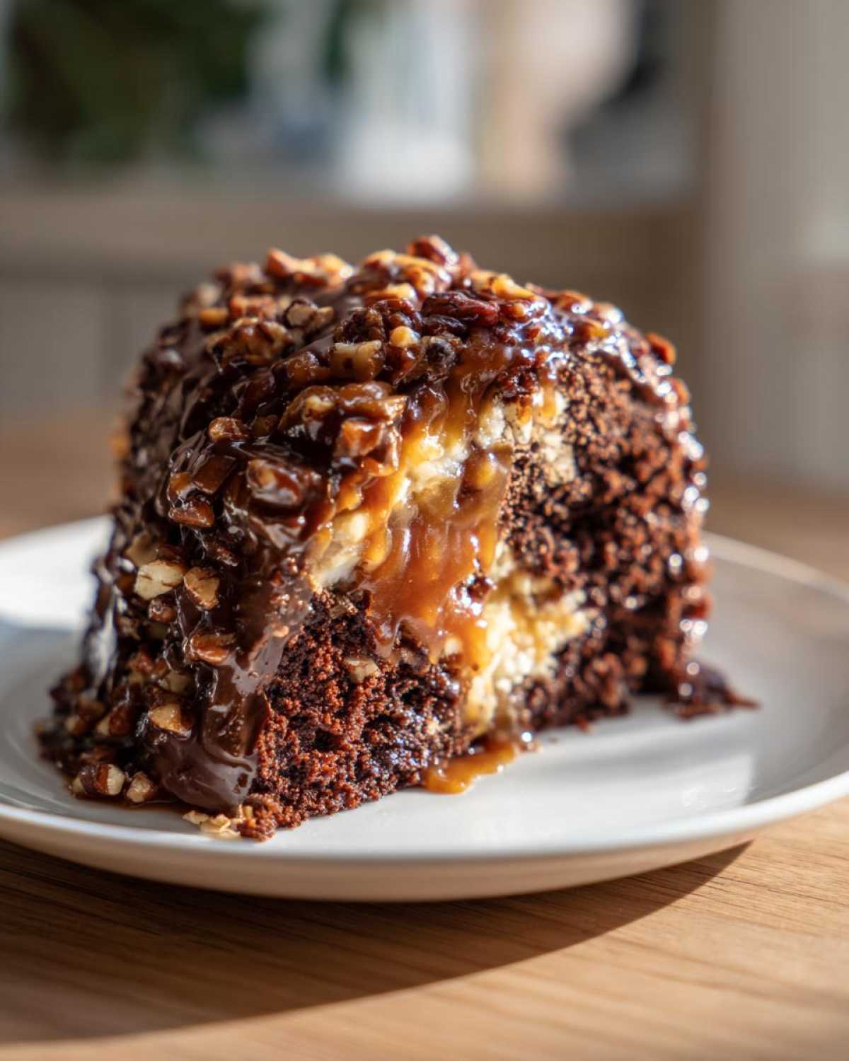 Close-up of a slice of rich, dark german chocolate poke cake oozing with caramel filling and topped with pecans.