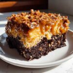 A decadent slice of german chocolate poke cake featuring a dark chocolate base, coconut layer, and caramel pecan topping.