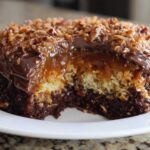 A slice removed from a german chocolate poke cake showing layers of dark chocolate cake, lighter cake, caramel, and coconut-pecan topping.