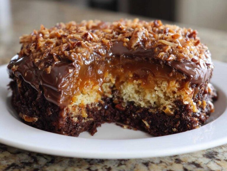 5 Amazing german chocolate poke cake Secrets A slice removed from a german chocolate poke cake showing layers of dark chocolate cake, lighter cake, caramel, and coconut-pecan topping.