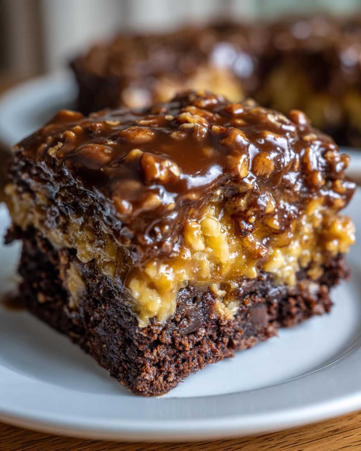 Close-up of a moist slice of german chocolate poke cake featuring a dark chocolate base and a thick, gooey coconut-pecan topping.