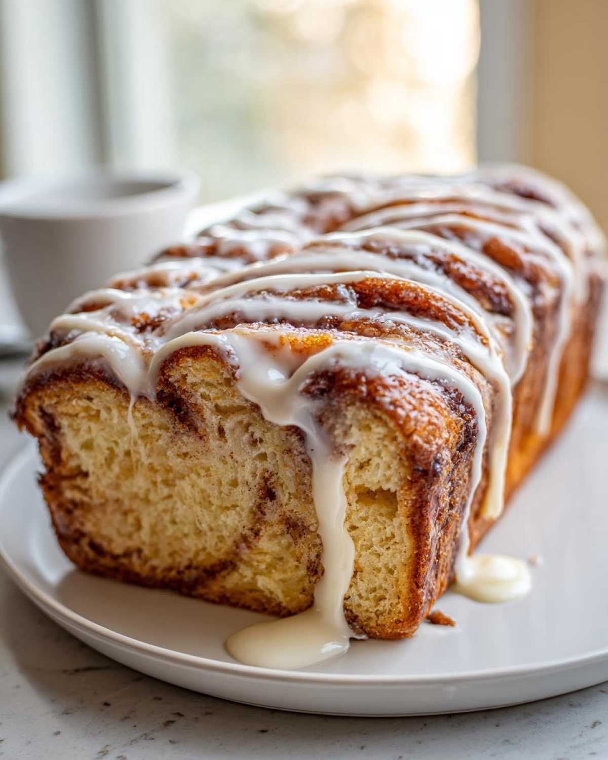 A freshly baked loaf of Amish Cinnamon Bread drizzled generously with white icing, sitting on a white plate.