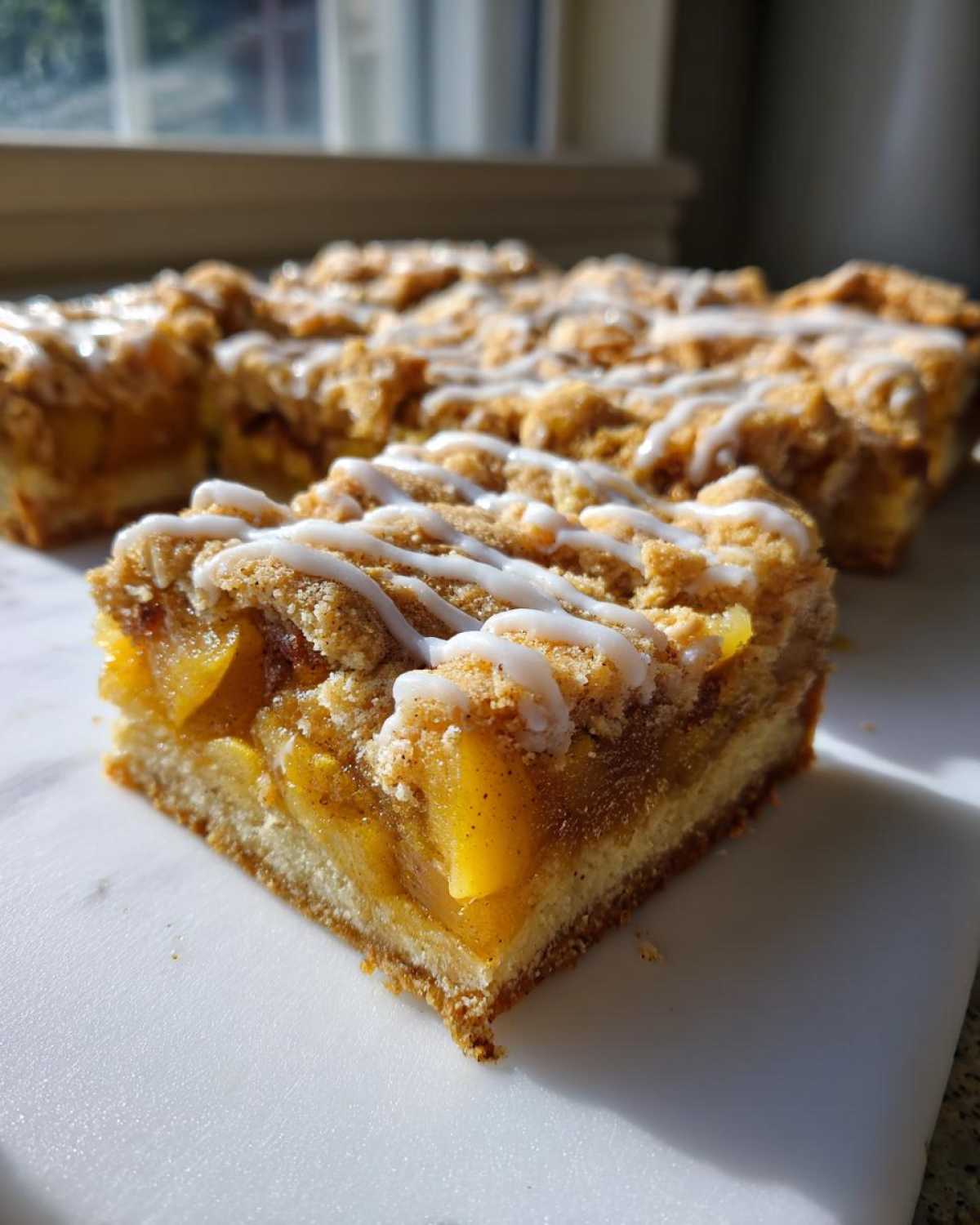 A square slice of apple pie bars featuring a thick layer of spiced apples, a crumble topping, and a white icing drizzle.