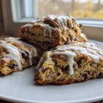 Close-up of three freshly baked chocolate chip scones drizzled generously with white vanilla glaze, resting on a white plate.