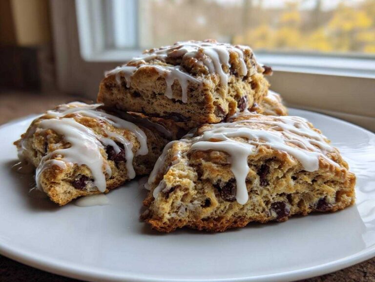 Close-up of three freshly baked chocolate chip scones drizzled generously with white vanilla glaze, resting on a white plate.