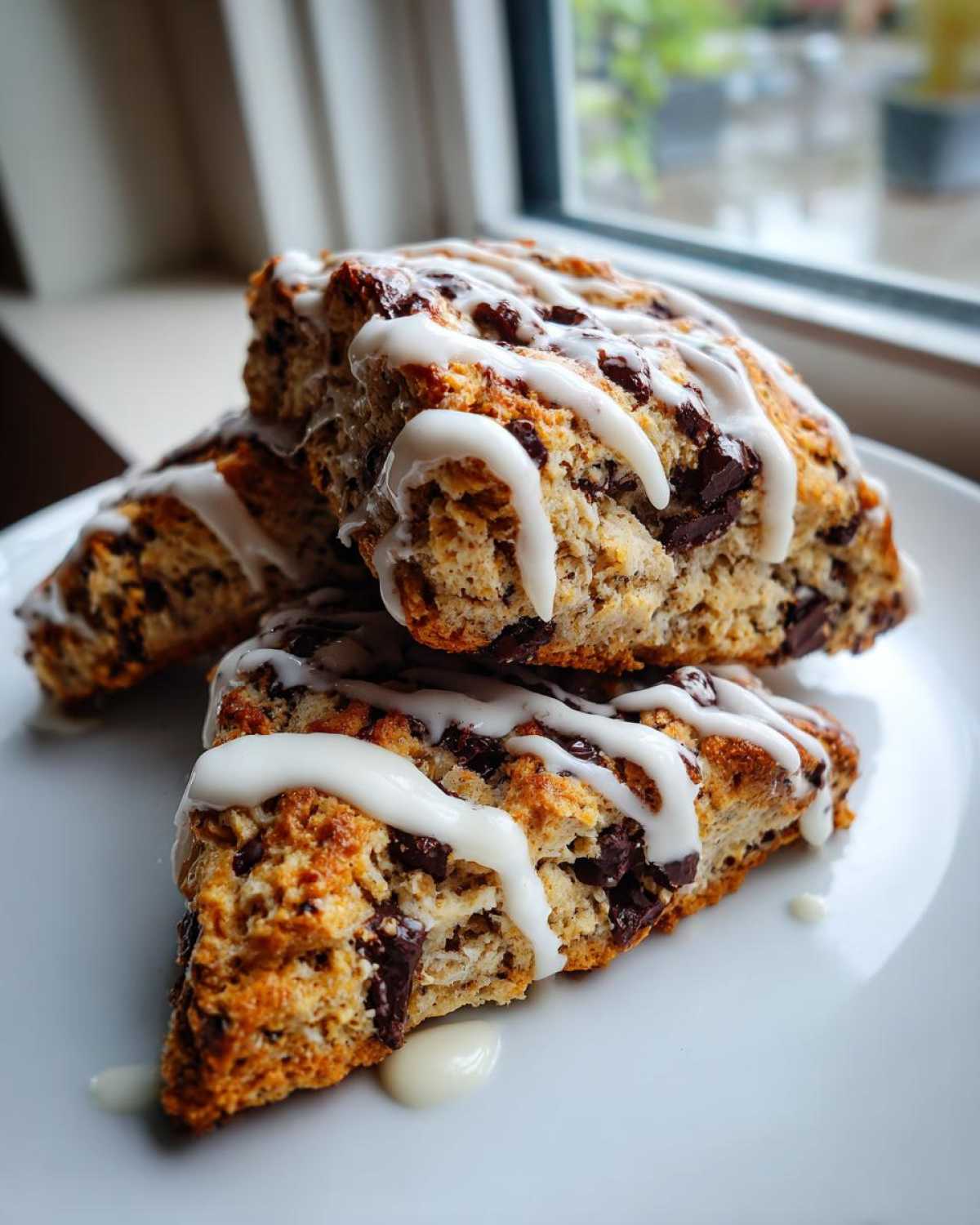 Three freshly baked chocolate chip scones drizzled with white vanilla glaze stacked on a plate.