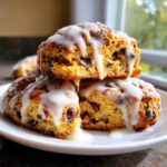 A stack of three golden chocolate chip scones generously drizzled with white vanilla glaze, sitting on a white plate.