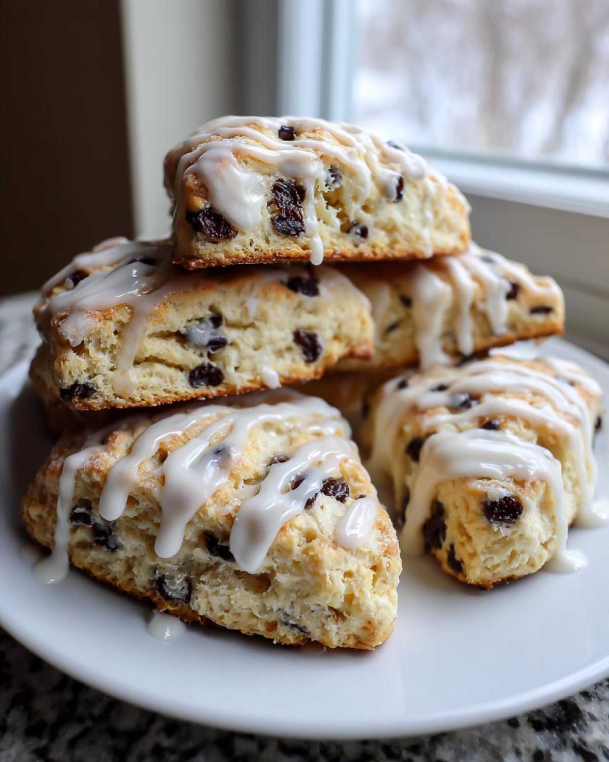 A stack of freshly baked chocolate chip scones drizzled with white glaze, sitting on a white plate.