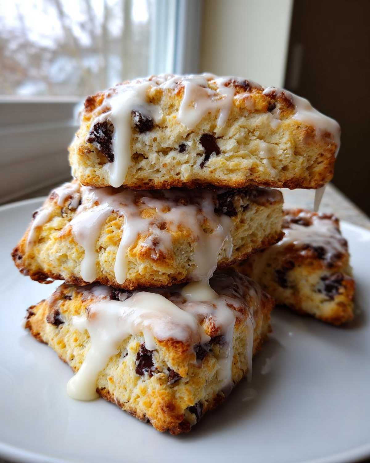 A stack of three freshly baked chocolate chip scones drizzled heavily with white vanilla glaze.