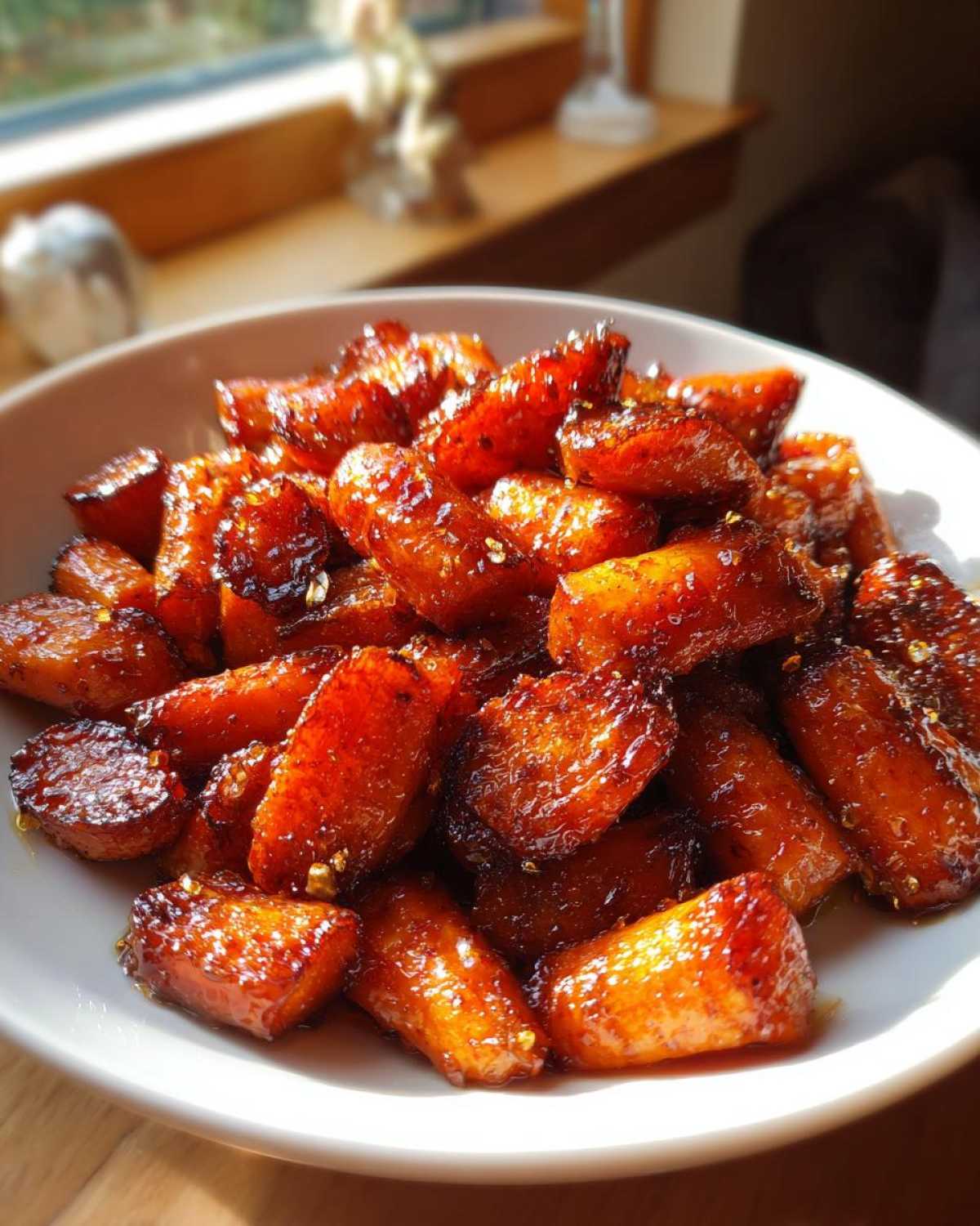 Close-up of sweet, sticky, glazed roasted carrots piled high in a white bowl, ready to serve.
