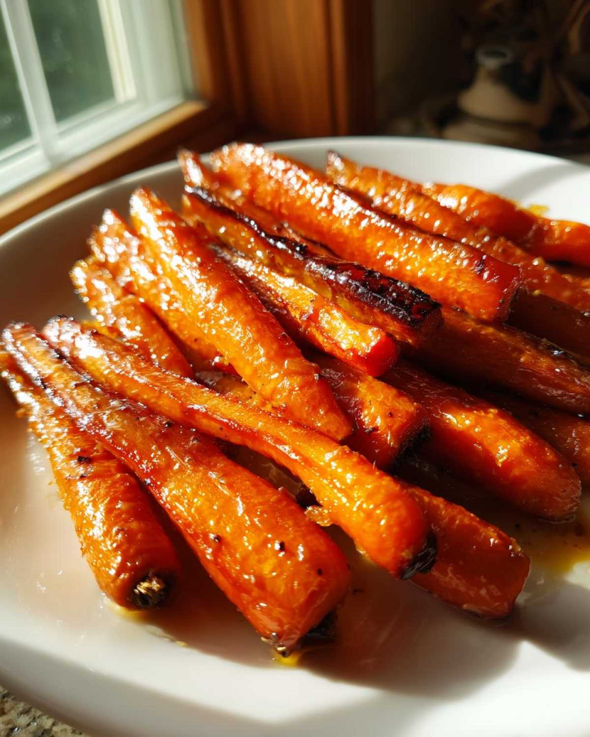 Close-up of shiny, glazed roasted carrots piled on a white plate, catching sunlight near a window.