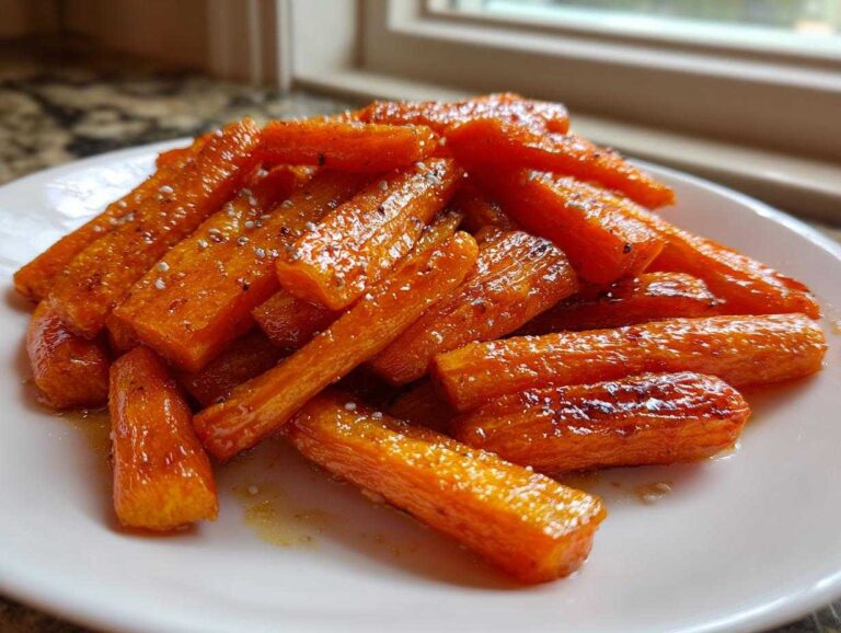 A close-up of perfectly glazed roasted carrots sprinkled with flaky salt, ready to serve.