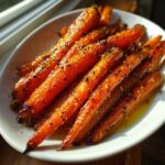 A close-up of beautifully glazed roasted carrots seasoned heavily with cracked black pepper.