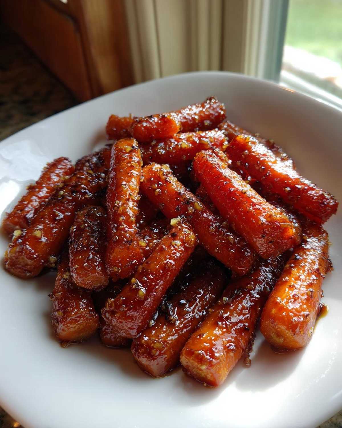 Close-up of sweet, glazed roasted carrots coated in a shiny sauce and spices, served in a white bowl.