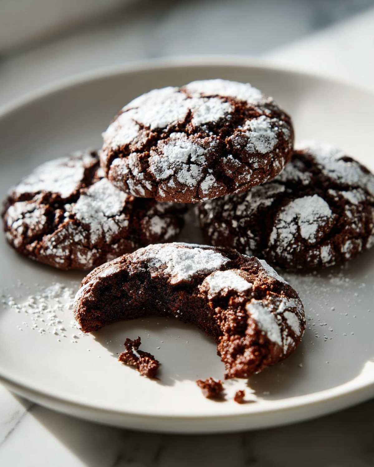 Close-up of rich, dark Gluten-Free Chocolate Mint Cookies dusted with powdered sugar, one cookie is bitten.