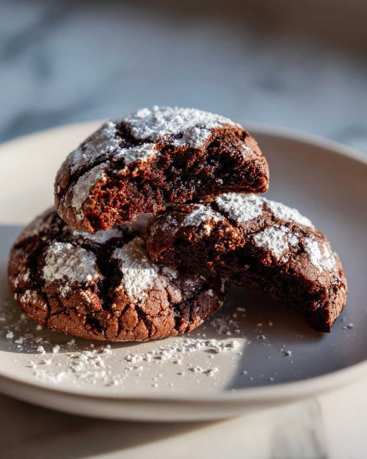 Close-up of fudgy Gluten-Free Chocolate Mint Cookies dusted with powdered sugar, one cookie broken open.