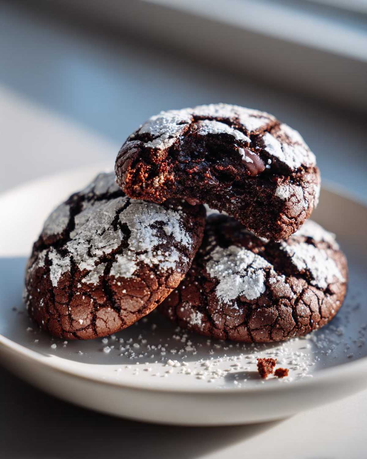 A stack of three rich, dark Gluten-Free Chocolate Mint Cookies dusted heavily with powdered sugar, one cookie is broken open.