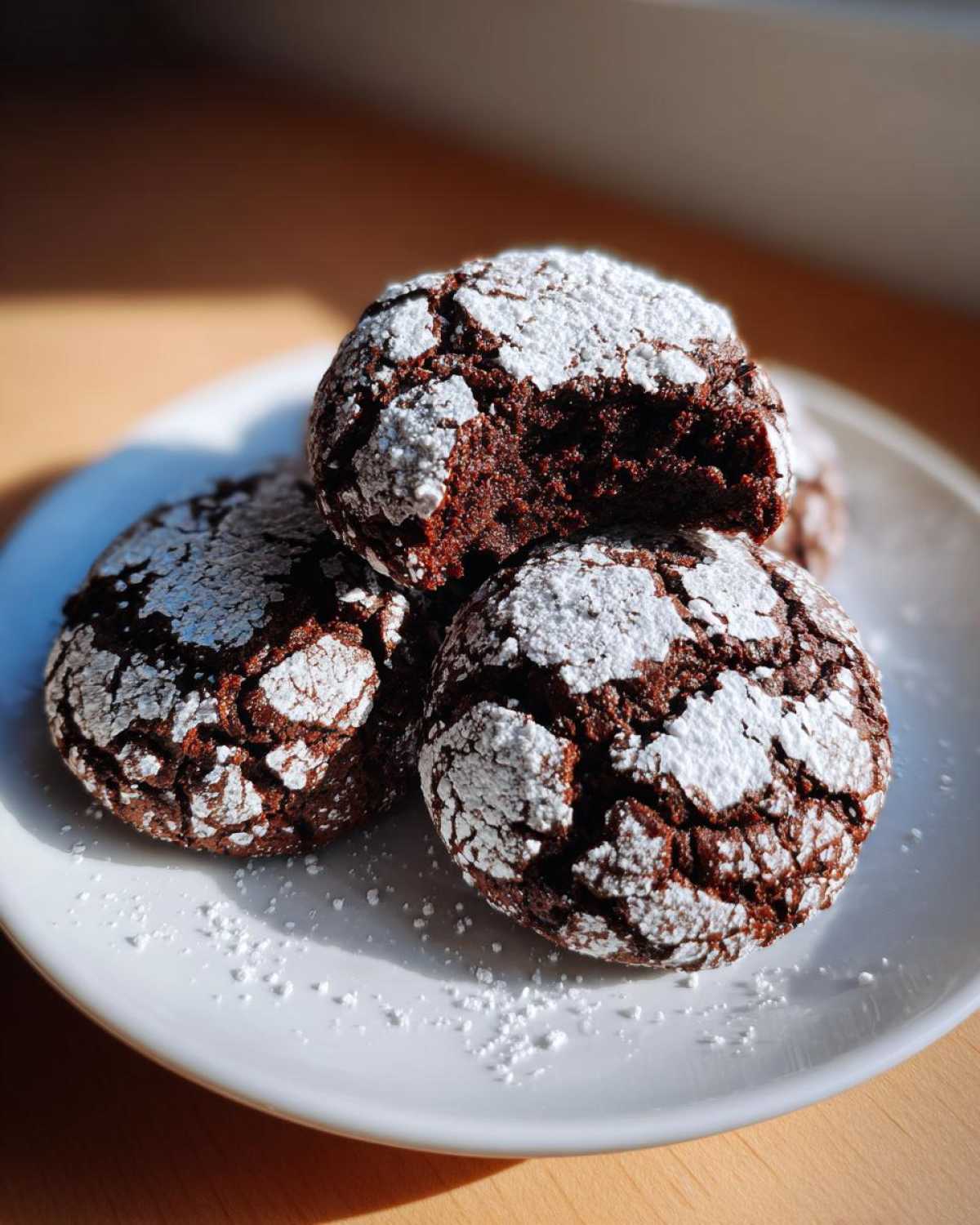 A stack of rich, dark Gluten-Free Chocolate Mint Cookies dusted heavily with powdered sugar, showing a soft interior.