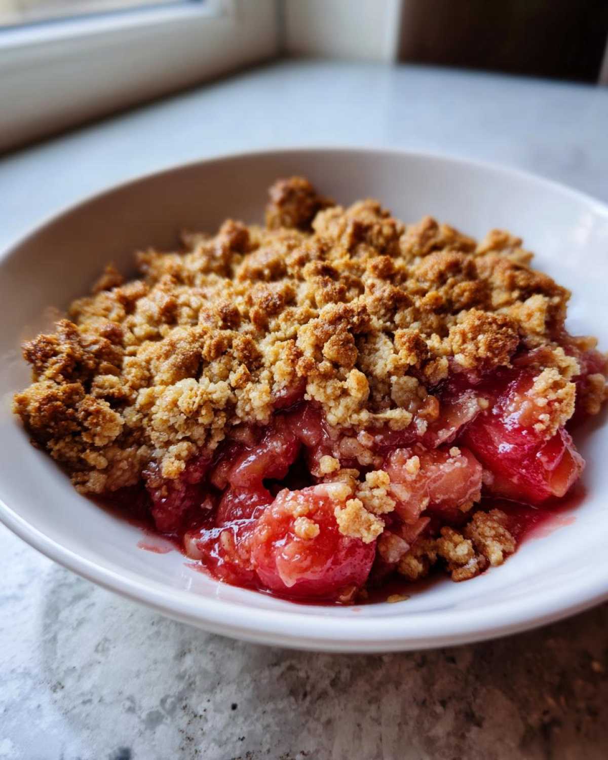 Close-up of a serving of warm Gluten-Free Rhubarb Crisp with a golden oat topping in a white bowl.