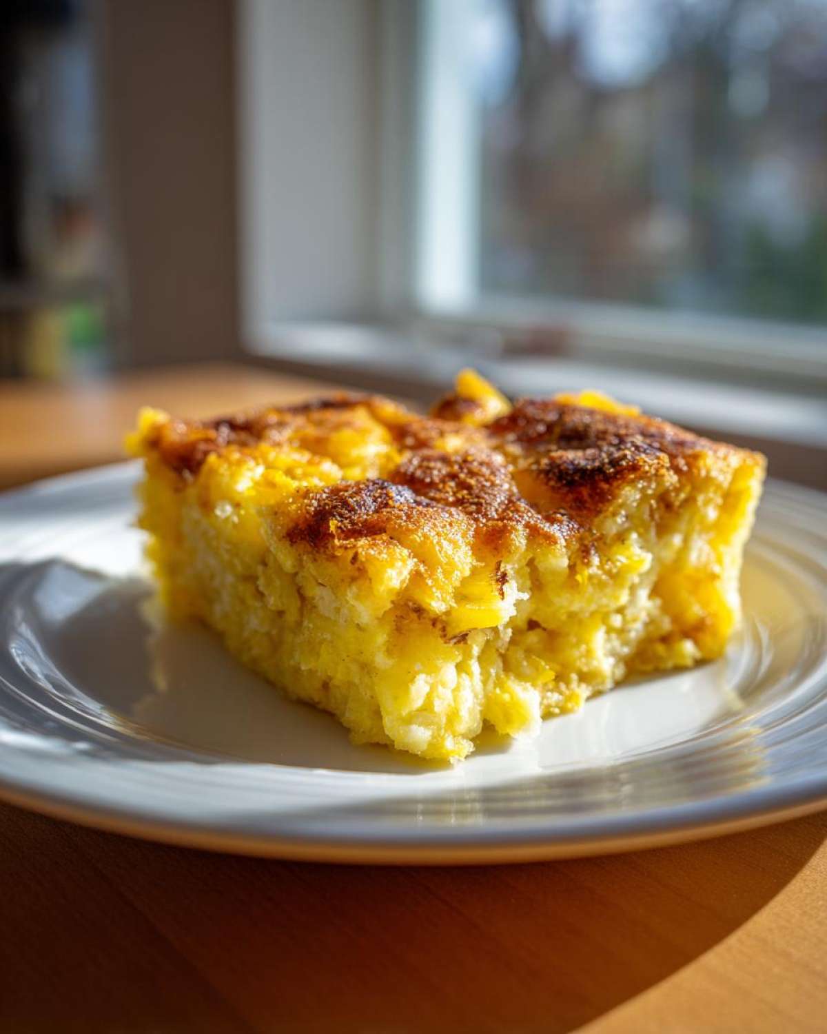 A square slice of bright yellow, baked gluten-free squash casserole with a caramelized top, served on a white plate.
