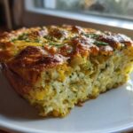 A close-up of a baked slice of moist Gluten-free squash casserole with a golden, cheesy top garnished with herbs.