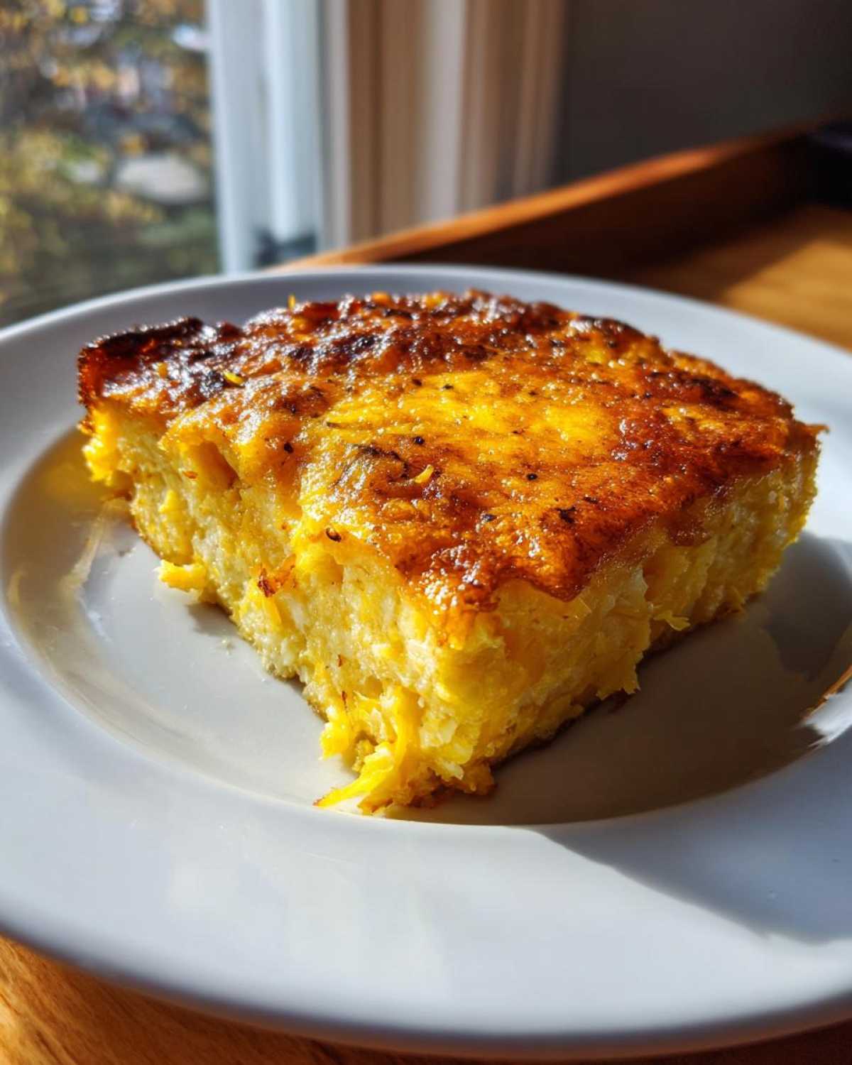 A square slice of golden-brown Gluten-free squash casserole served on a white plate, backlit by natural light.