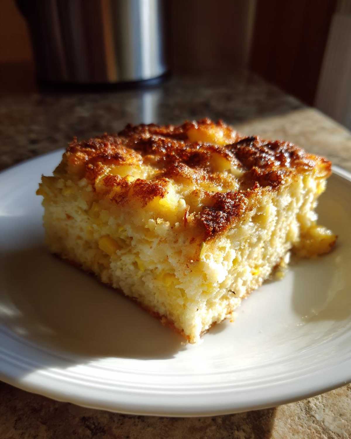 A square slice of moist, yellow Gluten-free squash casserole with a deeply browned, slightly caramelized top, served on a white plate.