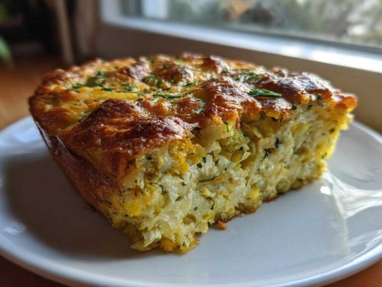 A close-up of a baked slice of moist Gluten-free squash casserole with a golden, cheesy top garnished with herbs.