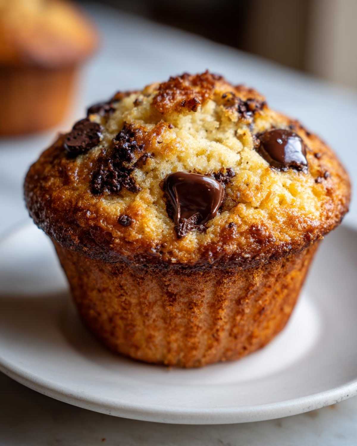 A close-up of a perfectly baked banana chocolate chip muffin with melted chocolate chips on top, sitting on a white plate.