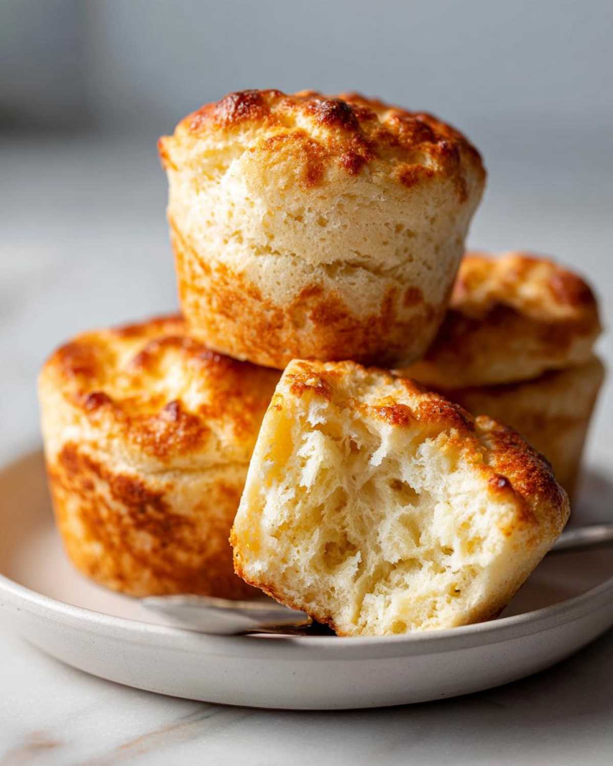 Close-up of golden brown, freshly baked english muffins stacked, with one split open showing the airy interior.