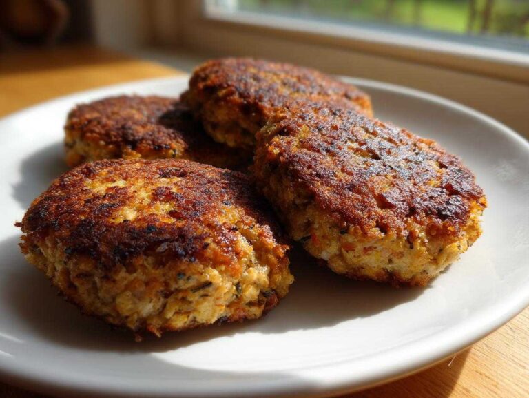 Four perfectly seared Homemade Salmon Patties resting on a white plate, catching bright sunlight.