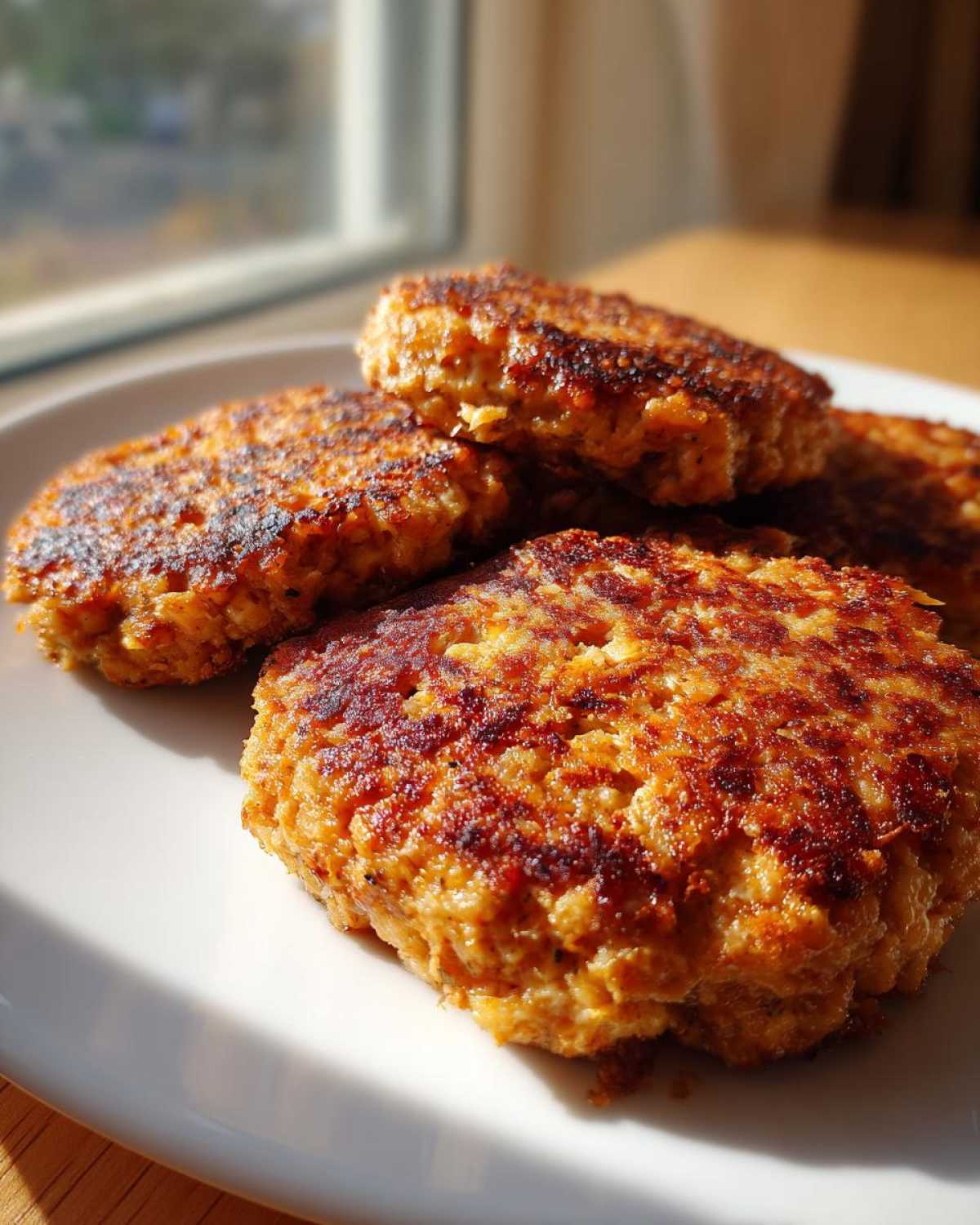 Close-up of four perfectly browned Homemade Salmon Patties stacked on a white plate, catching sunlight near a window.