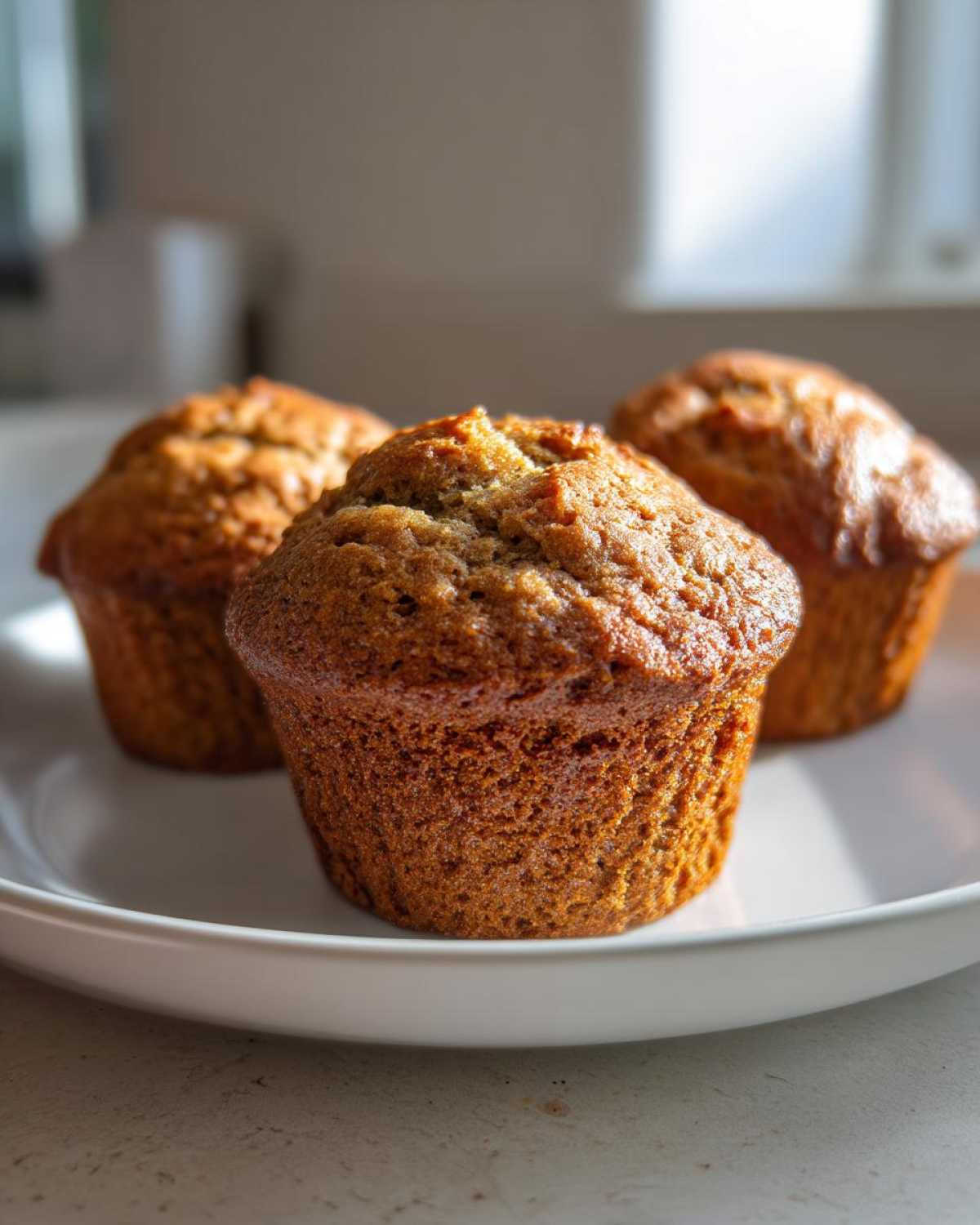 Three perfectly baked Vegan banana muffins with golden brown tops resting on a white plate, captured in soft light.