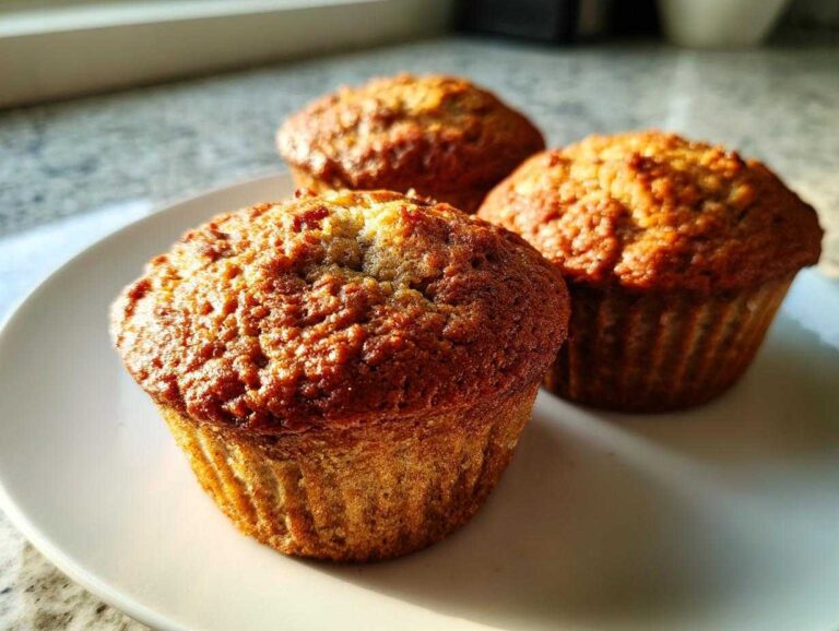 Three perfectly baked Vegan banana muffins with golden brown, textured tops sitting on a white plate.