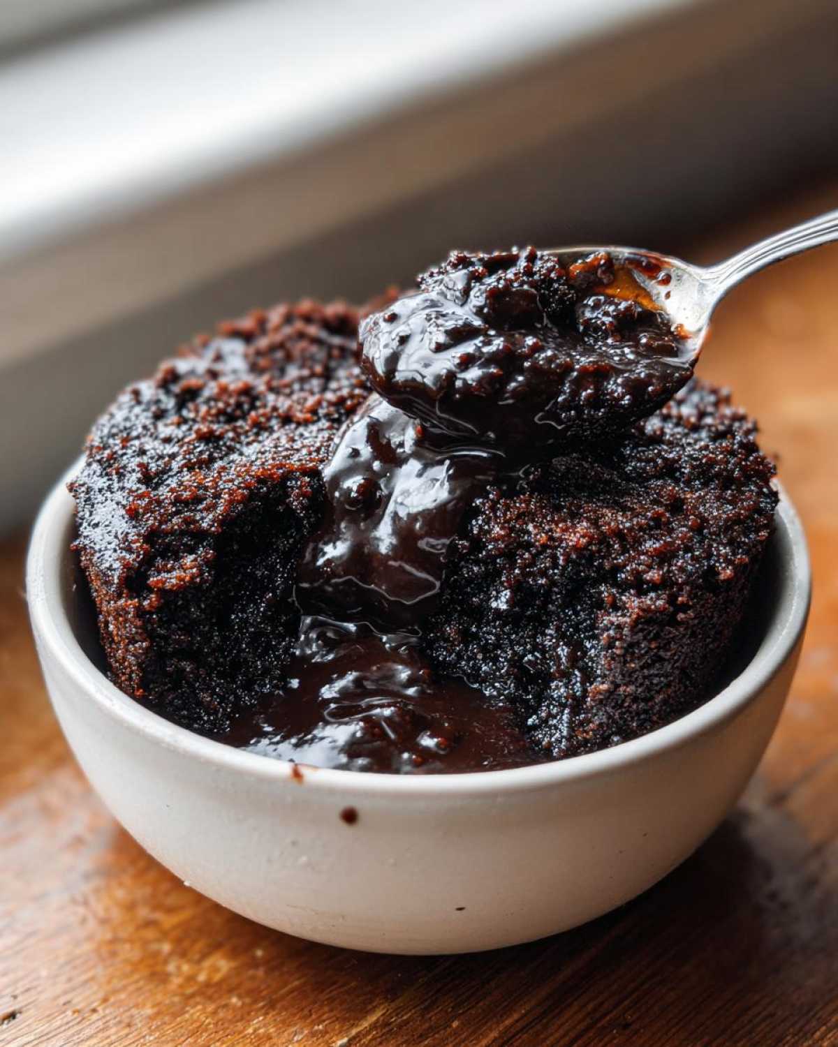 A spoonful of rich, molten sauce is being lifted from a freshly baked chocolate cobbler in a white bowl.
