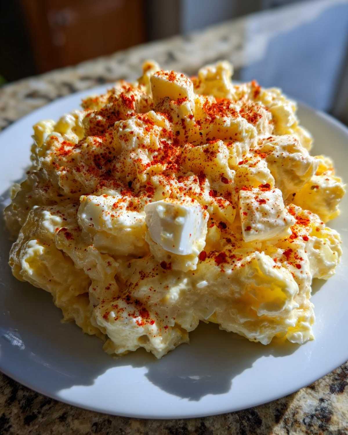 A mound of creamy Grandma's Old-Fashioned Potato Salad topped with paprika on a white plate.