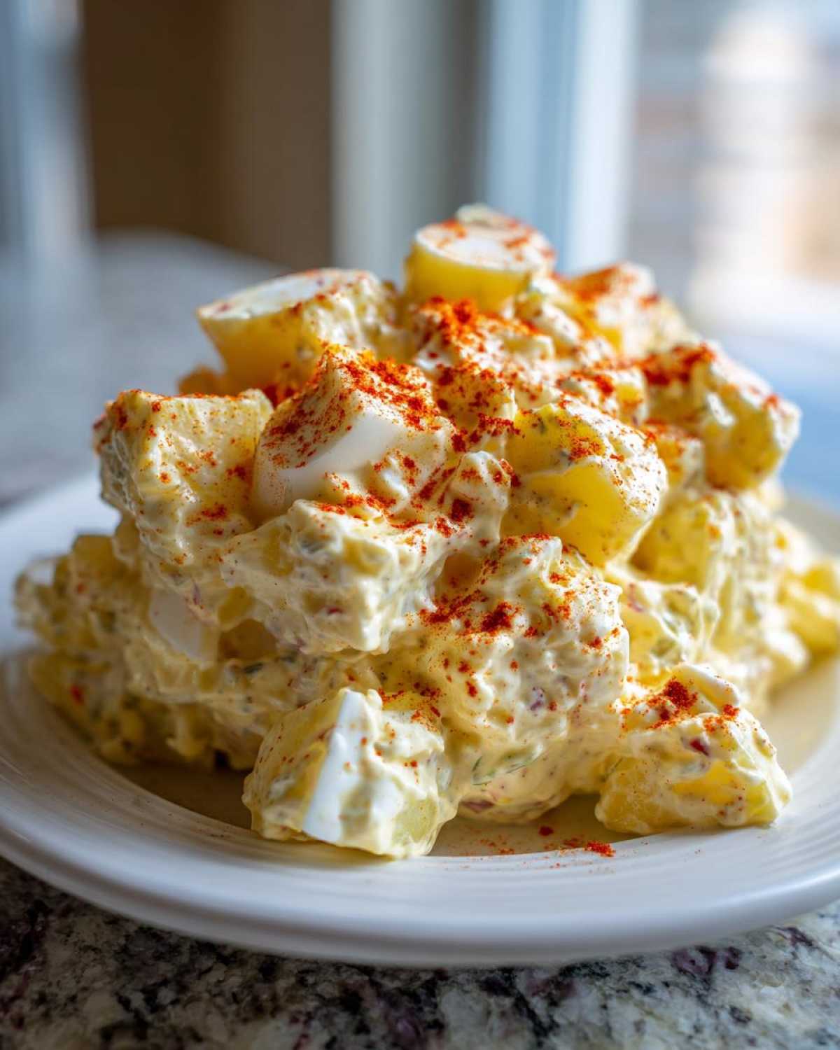 A generous mound of Grandma's Old-Fashioned Potato Salad, creamy and topped with paprika, served on a white plate.