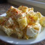 Close-up of Grandma's Old-Fashioned Potato Salad served on a white plate, topped with paprika.