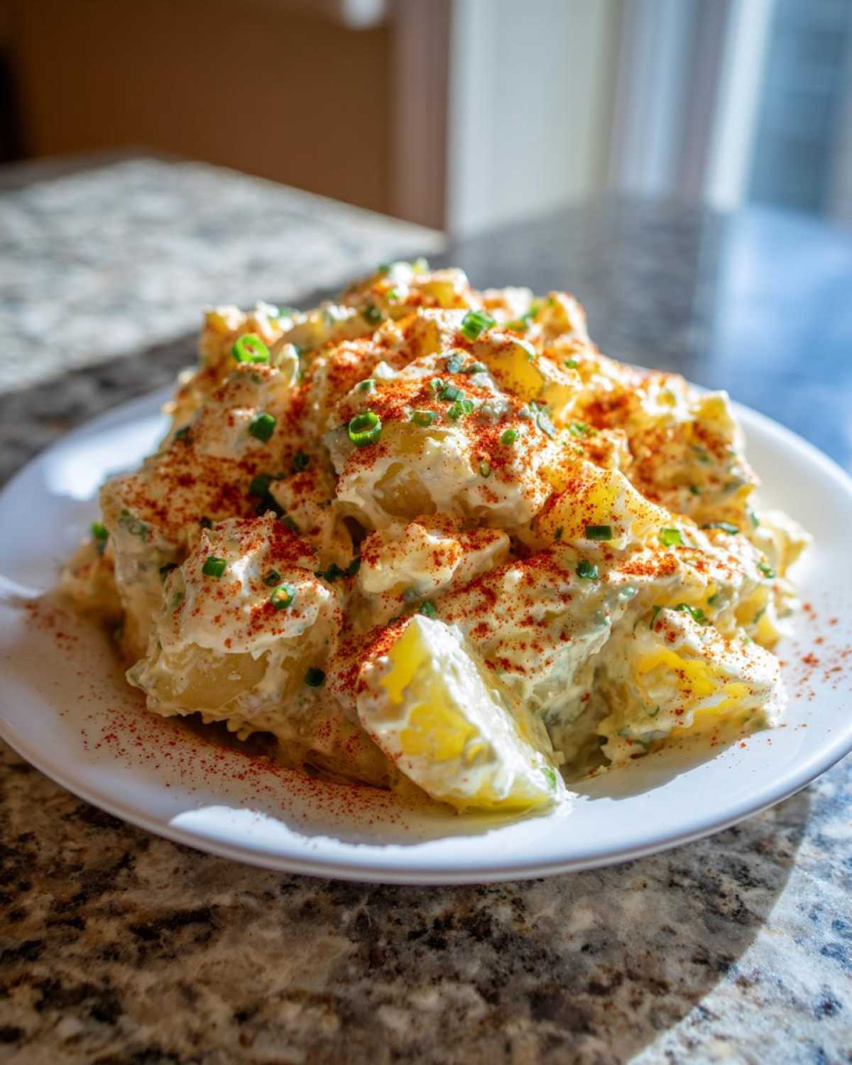 A close-up of Grandma's Old-Fashioned Potato Salad served on a white plate, topped with paprika and chives.