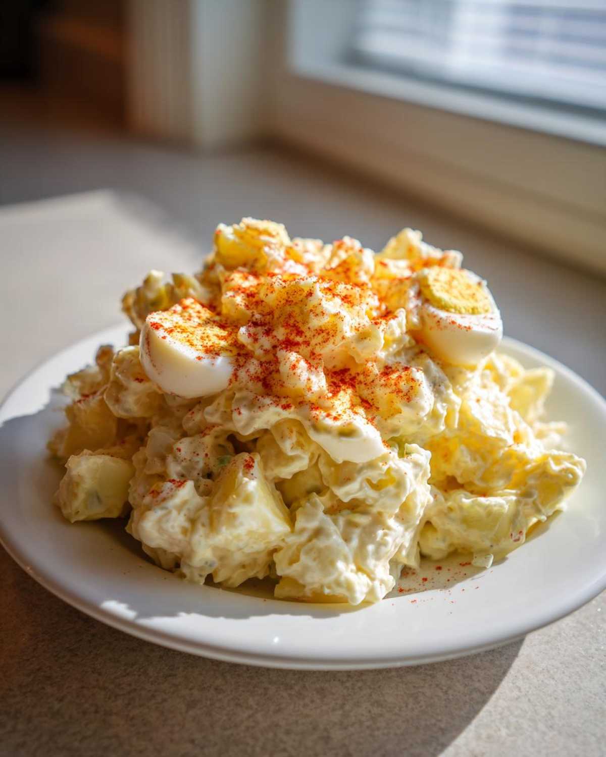 A mound of creamy Grandma's Old-Fashioned Potato Salad topped with paprika and sliced hard-boiled eggs on a white plate.
