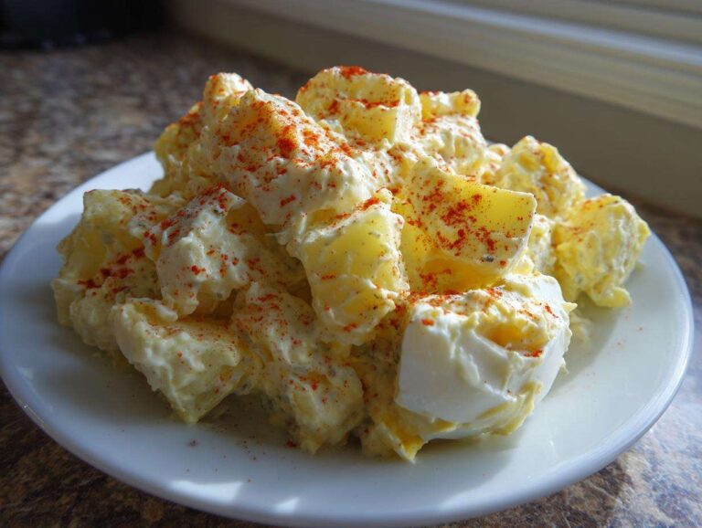 Close-up of Grandma's Old-Fashioned Potato Salad served on a white plate, topped with paprika.