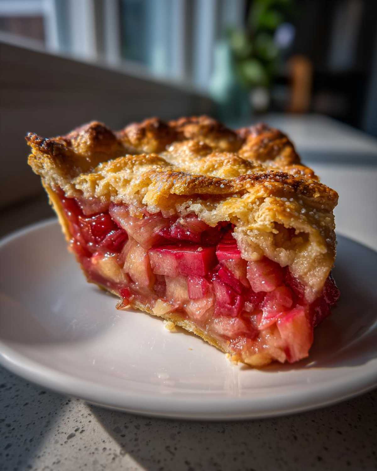 Close-up of a slice of Grandma's Rhubarb Pie with lard crust, showing bright pink rhubarb filling.