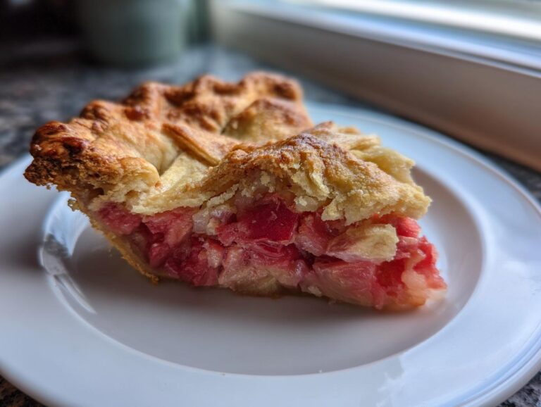 Close-up of a slice of Grandma's Rhubarb Pie with Lard Crust showing flaky golden top and bright pink filling.