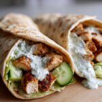 Two delicious Greek Chicken Wraps filled with seasoned chicken, cucumber, lettuce, and drizzled with garlic yogurt sauce.