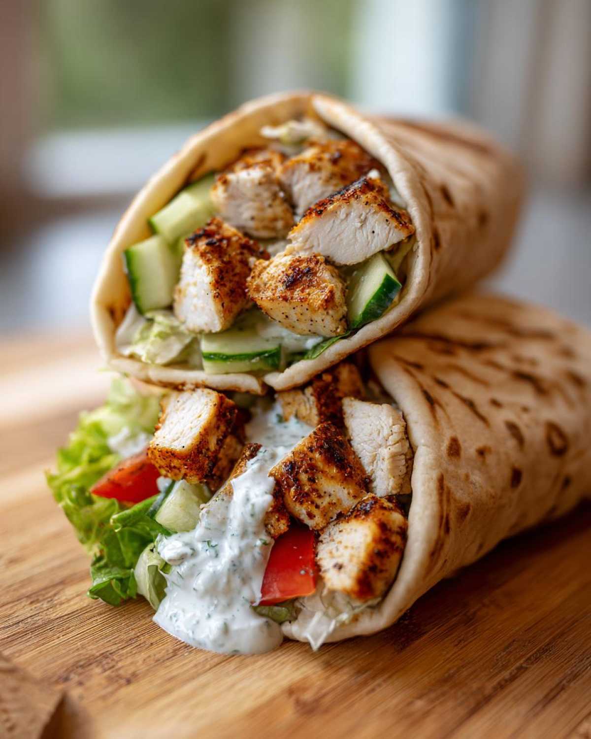 Two stacked Greek Chicken Wraps filled with seasoned chicken, cucumber, lettuce, tomato, and garlic yogurt sauce.