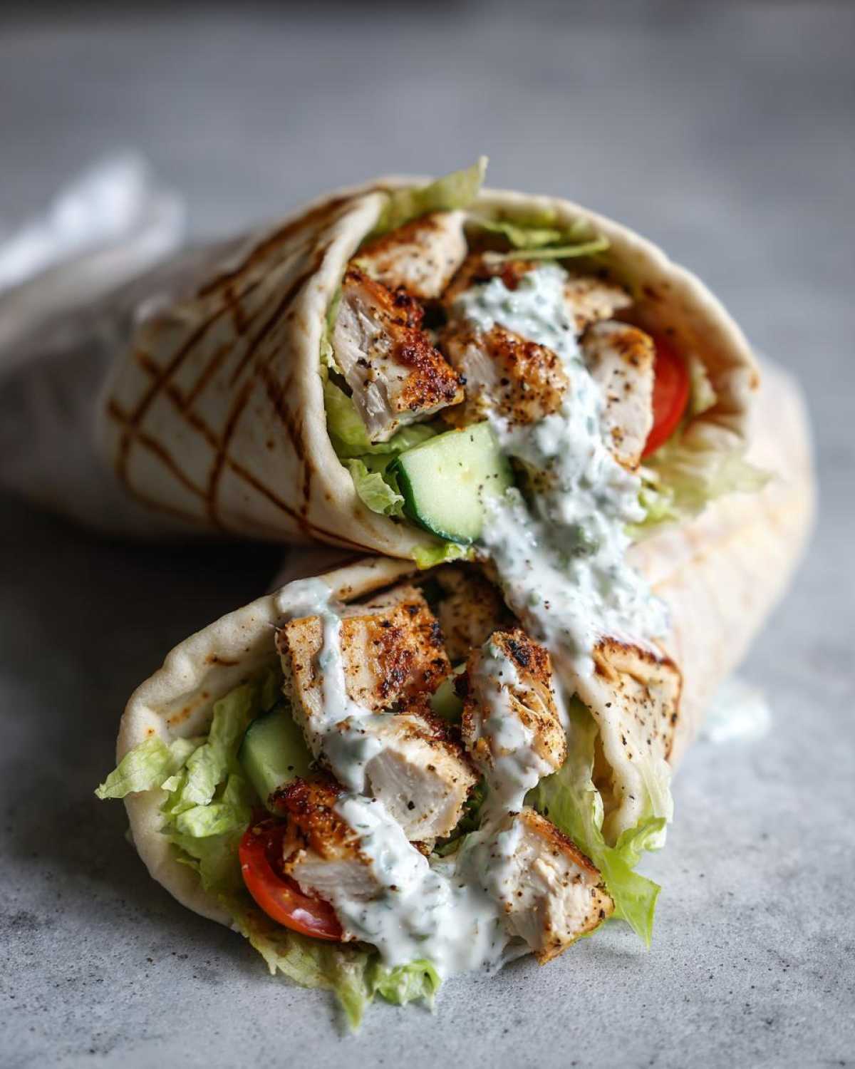 Two halves of Greek Chicken Wraps stuffed with seasoned chicken, lettuce, cucumber, tomato, and garlic yogurt sauce.