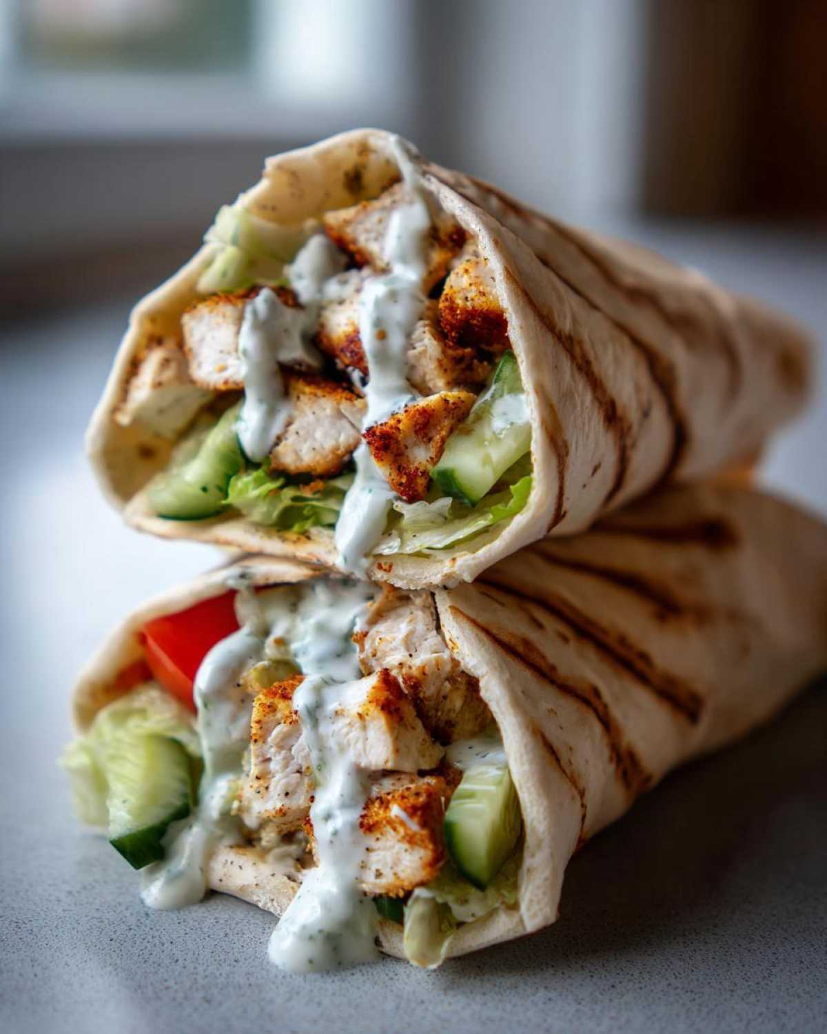 Two stacked Greek Chicken Wraps filled with seasoned chicken, cucumber, lettuce, and drizzled with garlic yogurt sauce.