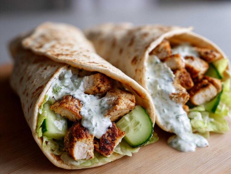 Two delicious Greek Chicken Wraps filled with seasoned chicken, cucumber, lettuce, and drizzled with garlic yogurt sauce.