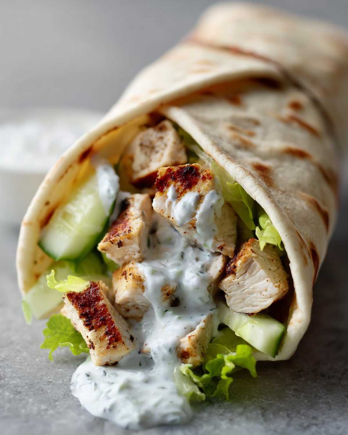 Close-up of a grilled Greek Chicken Wrap overflowing with chicken pieces, lettuce, cucumber, and drizzled with garlic yogurt sauce.